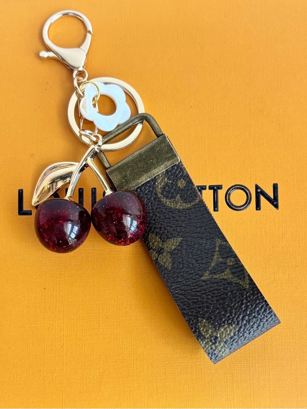 Louis Vuitton Monogram Bag Charm, keychain with Red Cherries. Upcycled 6 inches